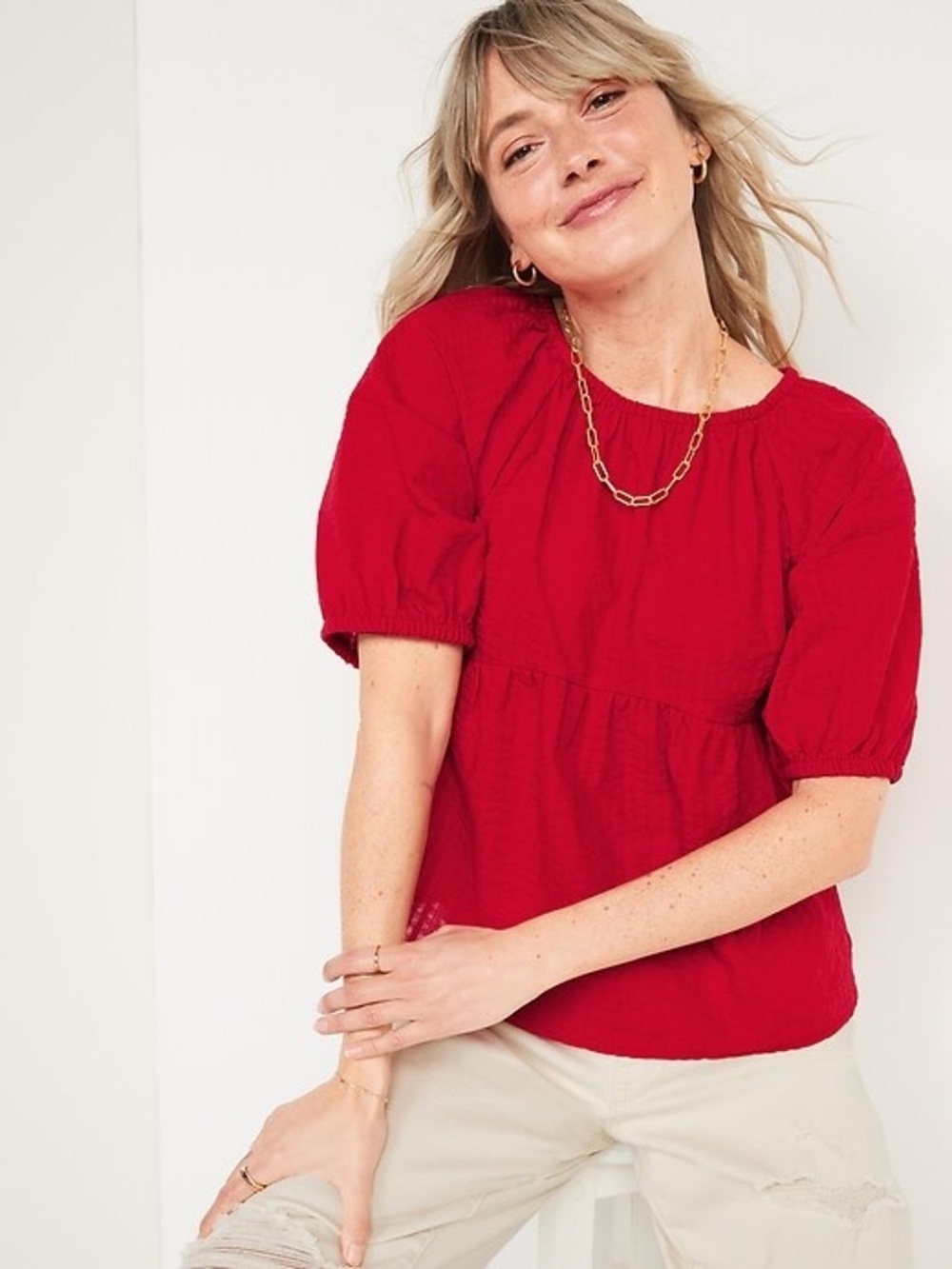 Puff-Sleeve Seersucker Babydoll Swing Blouse Red Medium